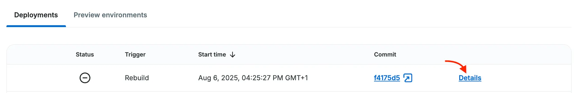 Deployment table row link for a particular Headless Platform build