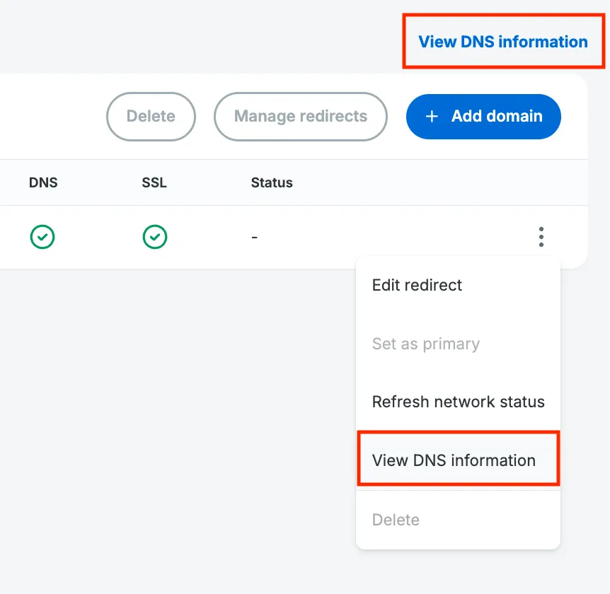 Screenshot of the view DNS buttons
